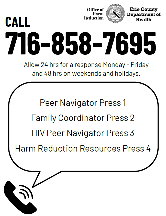 Flyer with ECDOH logo and Office of Harm reduction contact information features a phone icon