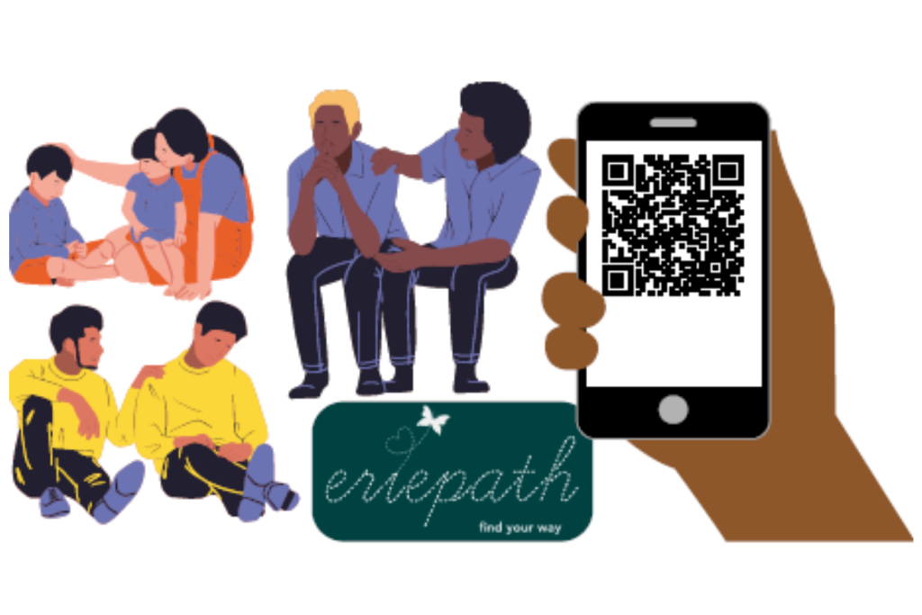 Assorted images of people offering each other supportive gestures; hand holding a phone with a QR code linking to Eriepath App download link
