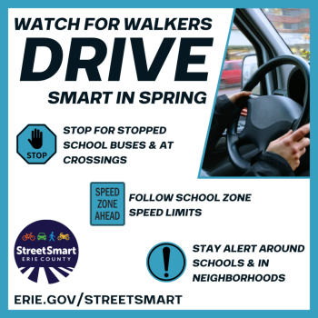 A car steering wheel with the driver's hands on either side with message, watch for walkers, drive smart this spring by stopping for stopped school buses and at crossings; following school zone speed limits; and staying alert around schools, playgrounds and residential neighborhoods.