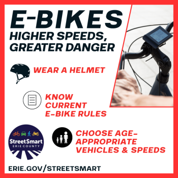 Closeup photo of adult hands on e-bike handlebars with safety message, e-bikes: higher speeds, greater danger. Wear a helmet, know current e-bike rules; choose age-appropriate vehicles and speeds