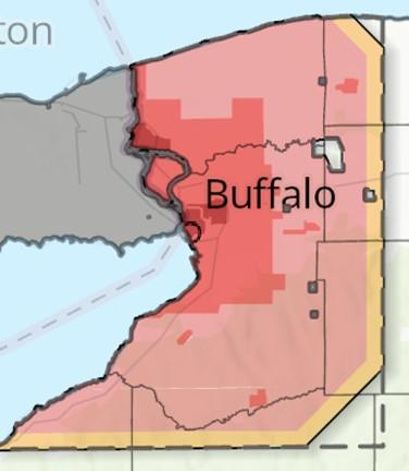 Map of Western New York showing that helicopters will distribute rabies vaccine over most of central Erie County, and fixed wing aircraft will distribute rabies vaccine over many rural and suburban communities.