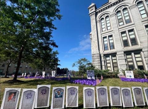 Memorial displays outside Old County Hall for International Overdose Awareness Day