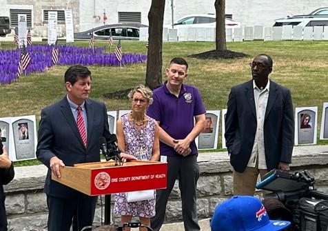 Erie County Executive Mark Poloncarz, Commissioner of Health Dr. Gale Burstein, Family Coordinator Zachary Kay and Office of Harm Reduction Director Stephen White at the International Overdose Awareness Day press conference on August 30, 2024