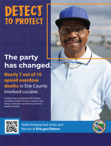 Detect to Protect. The party has changed. Nearly 7 out of 10 opioid overdose deaths in Erie County involved cocaine. Fentanyl may contaminate illicit drugs, including cocaine. Test your cocaine, carry Narcan, and never use alone to prevent a deadly overdose. Order fentanyl test strips and Narcan at Erie.gov/Detect. 