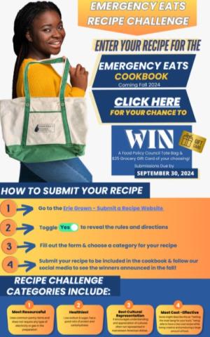 Emergency Eats Recipe Challenge flyer - submit recipe at erie.gov/fpc