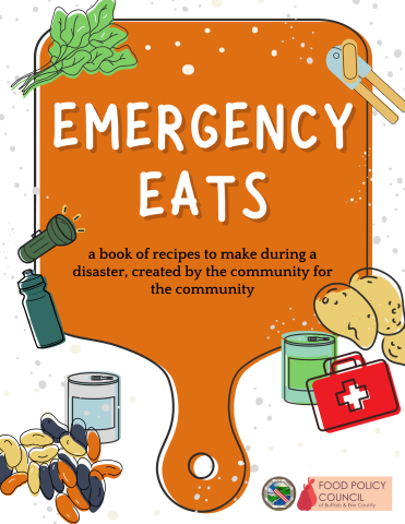 Emergency Eats cookbook cover with a cutting board graphic and colorful line drawings of vegetables, beans, canned foods