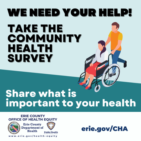 Take the Community Health Survey, with a graphic of a man pushing a woman in a wheelchair