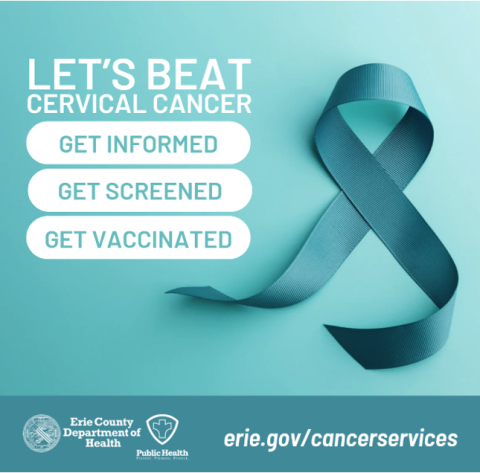 Image of a teal ribbon with the text Let's Beat Cervical Cancer - get informed, get screened, get vaccinated.