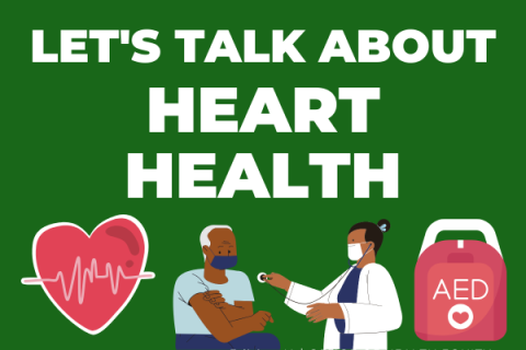 Let's talk about heart health heading with comic style images of people including a doctor