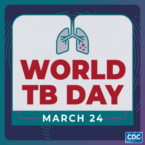Line art of lungs with purple dots to represent tuberculosis infection; text - World TB Day, March 24
