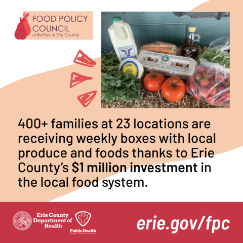 Half gallon of milk, egg carton, produce with a message, 400+ families at 23 locations are receiving weekly boxes with local produce and foods thanks to Erie County's $1 million investment in the local food system.