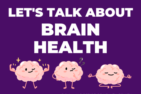 Purple background with text, Let's Talk About Brain Health, with three comic style brains with arms and legs and facial features