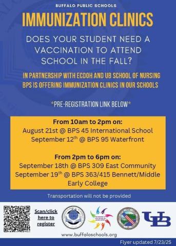 Buffalo Public Schools flyer for immunization clinics in fall 2025
