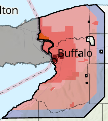 Erie County map that shows areas that will receive rabies vaccine dropped by air by helicopter (suburban towns) and fixed wing aircraft (rural areas).