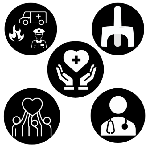 5 graphics (from top left to bottom right): emergency services person and vehicle, narcan, hands holding medical heart, 3 people lifting a heart, person with stethoscope