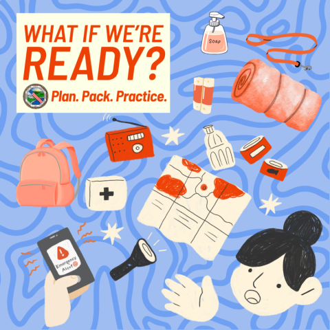 What if we're ready? Colorful collage of cartoon-style preparedness items