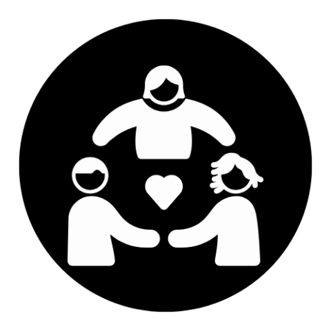 Cartoon of 3 people holding hands surrounding heart