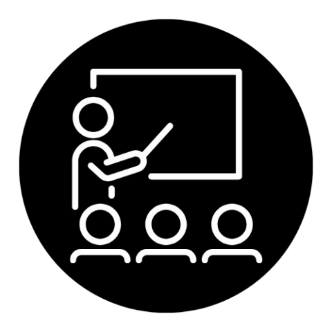 Cartoon of person at board instructing 3 pupils.