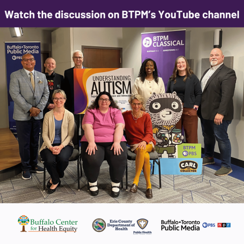 Group photo from Understanding Autism livestream panel discussion on BTPM, November 19, 2025, with a cutout of Carl the Collector
