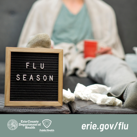 A frame with the words "flu season" and a pile of tissues in the foreground, and a person  in pajamas in the background with a red mug on their lap