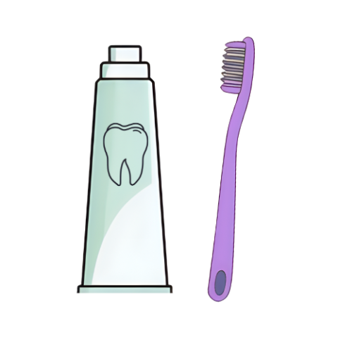 Cartoon image of mint green tube of toothpaste (with tooth graphic on package) and purple toothbrush