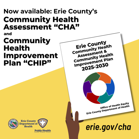 Graphic of a brown hand holding the cover of the Erie County Community Health Assessment and Community Health Improvement Plan