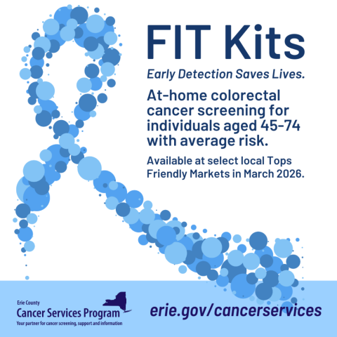 Blue cancer ribbon made of small circles with a message, FIT Kits, early detection saves lives, available at select local Tops Friendly Markets in March 2026