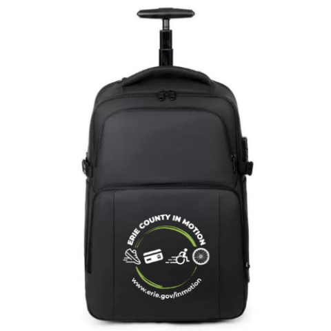Black Commuter Bag with Erie County In Motion Logo on it