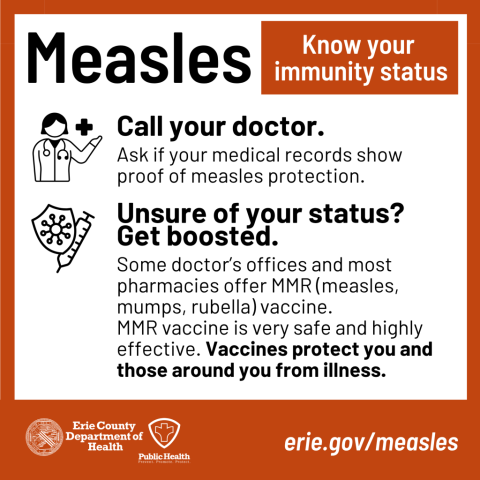 Know your measles immunity status. Call your doctor to ask if your medical records show proof of measles protection. Unsure of your status? Get boosted. more info at erie.gov/measles