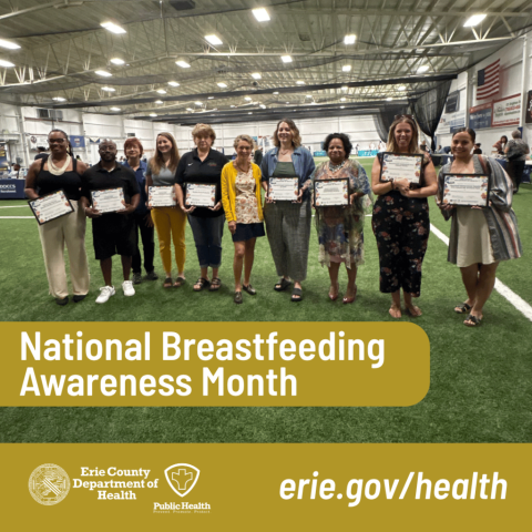 10 people standing in a row holding certificates that designate their organizations as Breastfeeding, Chestfeeding and Lactation Friendly workplaces