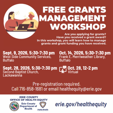 Graphic of two people sitting with a laptop with text, free grants management workshop. Other content repeats from press release. 