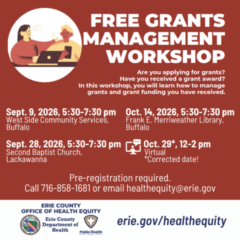 Graphic of two people sitting with a laptop with text, free grants management workshop. Other content repeats from press release. 