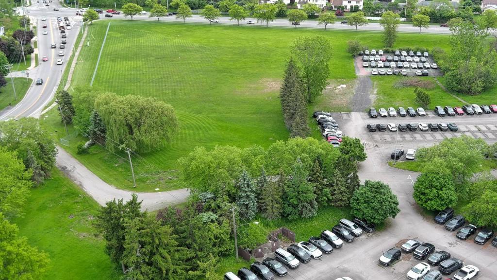 Overhead photo of southeast corner of Willowdale property, where inclusive playground, event space, and public restrooms will be constructed