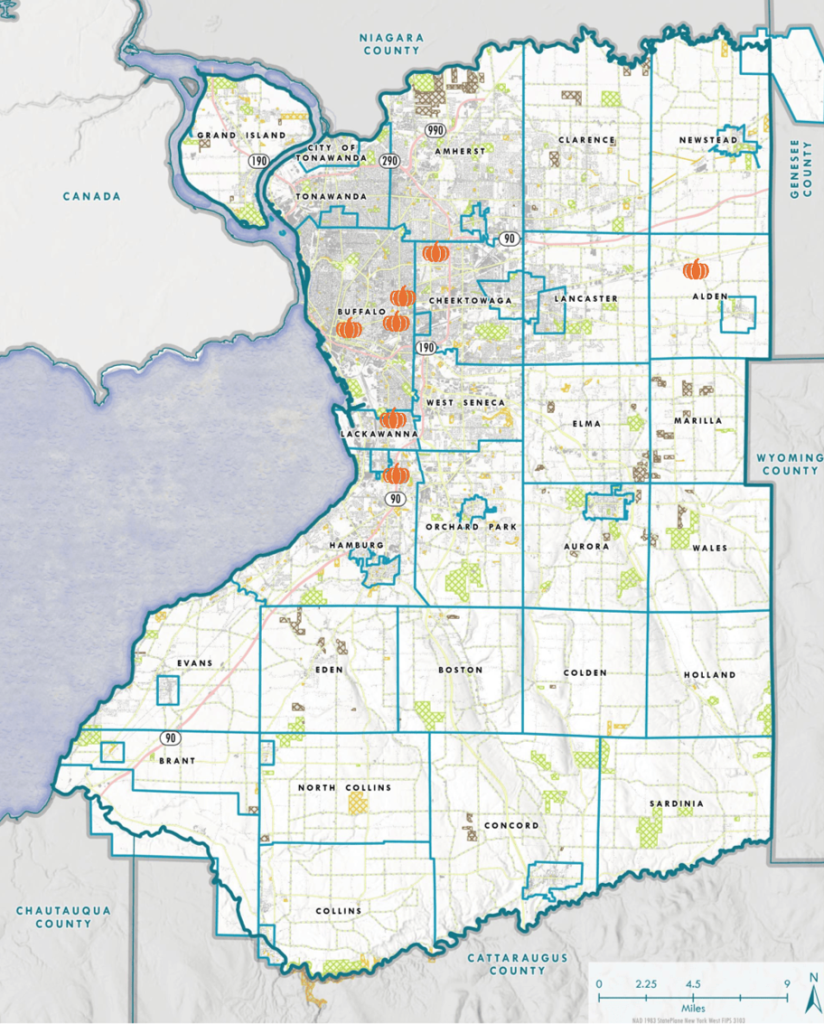 Map of 2026 pumpkin drop-off sites in Erie County for composting.