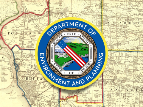 The official logo for the Erie County Department of Environment and Planning over a vintage map of the county.