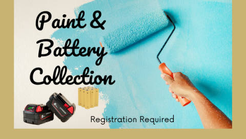 picture of blue paint being rolled on wall and various batteries
