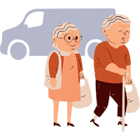 2 seniors walking away from a van with shopping bags