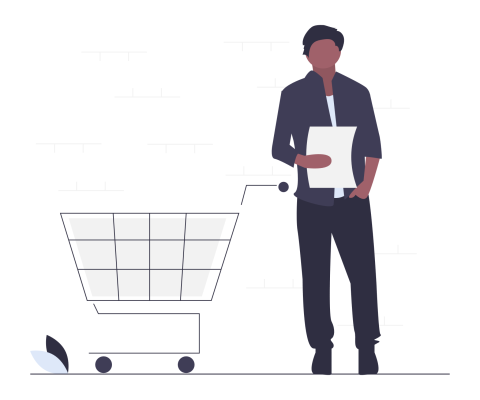 person holding a list, standing next to an empty shopping cart