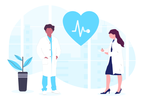 two doctors with a heart between them