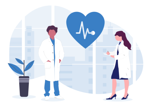 two doctors with a heart icon